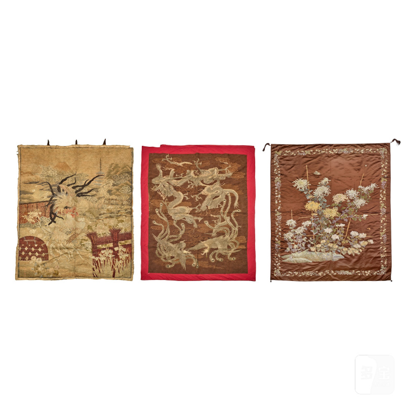 明治時代 綉屏三件 | THREE EMBROIDERED TEXTILE PANELS